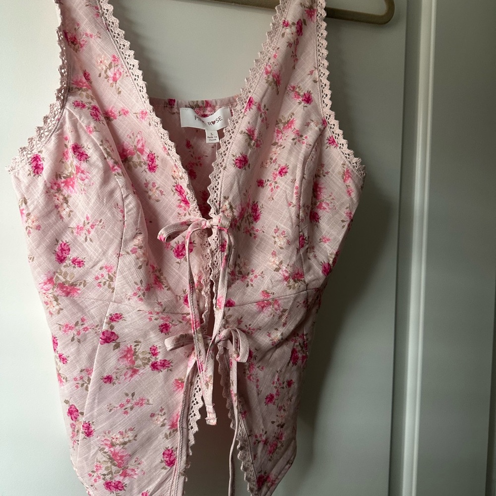 Pink Rose Pink Floral Lace-Trim Tie-Front Tank - Picture 2 of 7